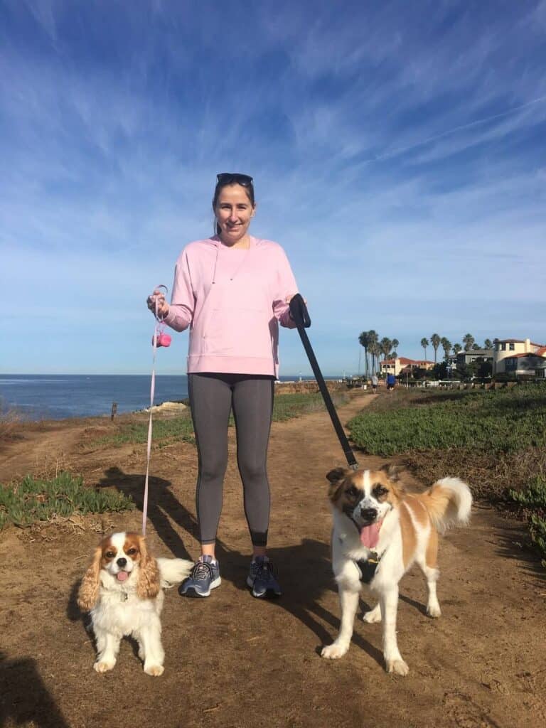 A friend walking two dogs along the trail