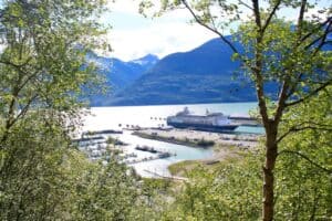 Cruise ship docked in Skagway, Alaska, as seen through trees
